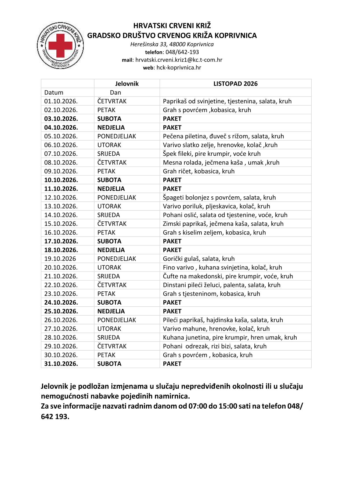 Jelovnik listopad 2026.